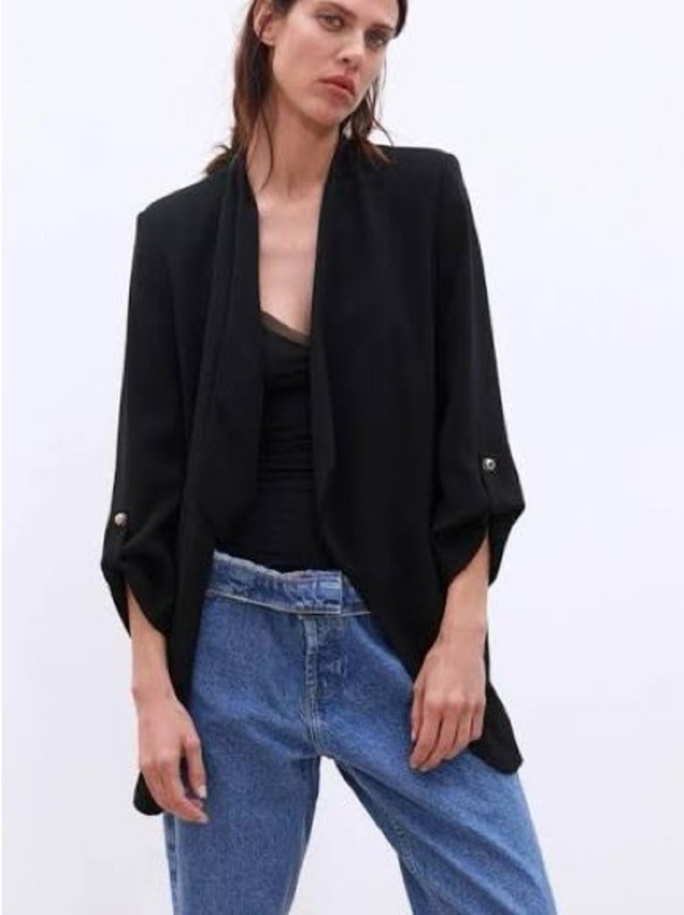 Zara Black Open Front Blazer with Ruched Roll-Up Sleeves